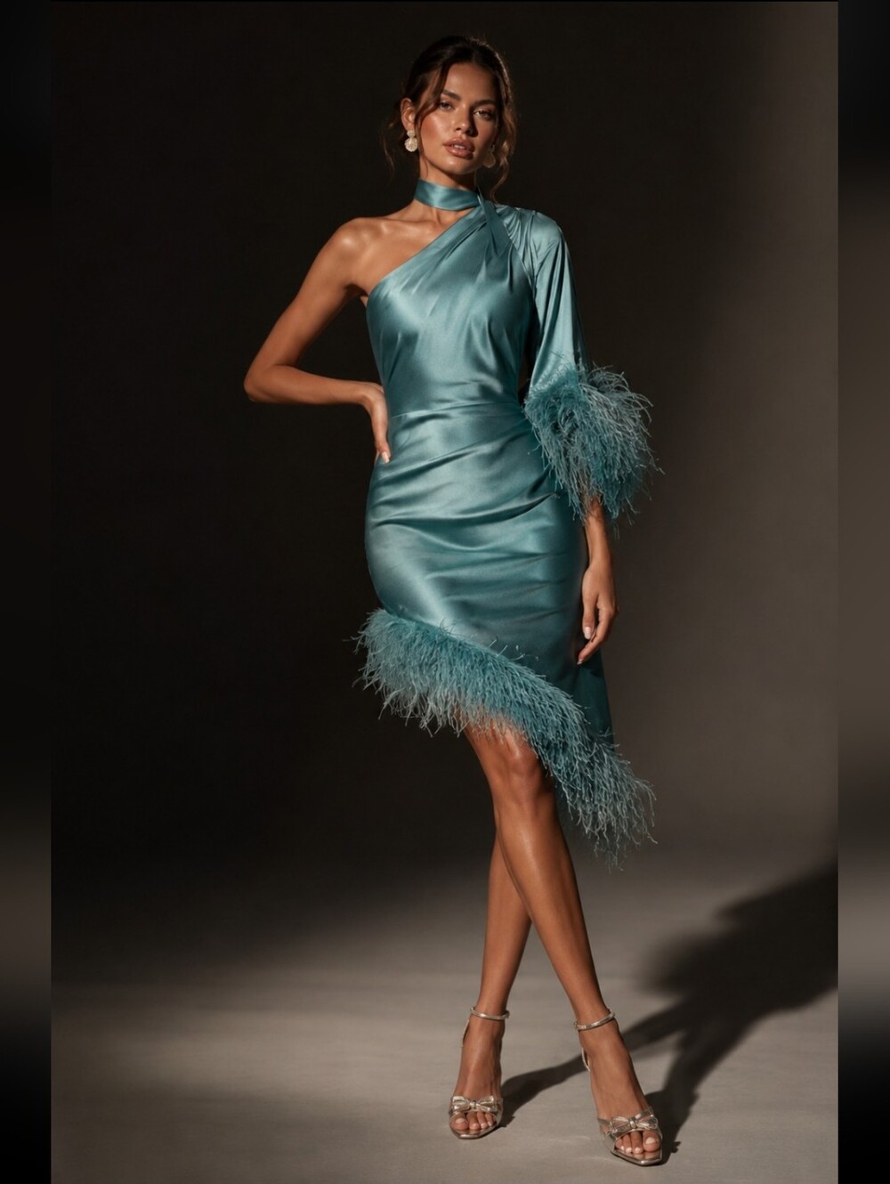 Hutch Asymmetrical Teal Dress with Feather Trim